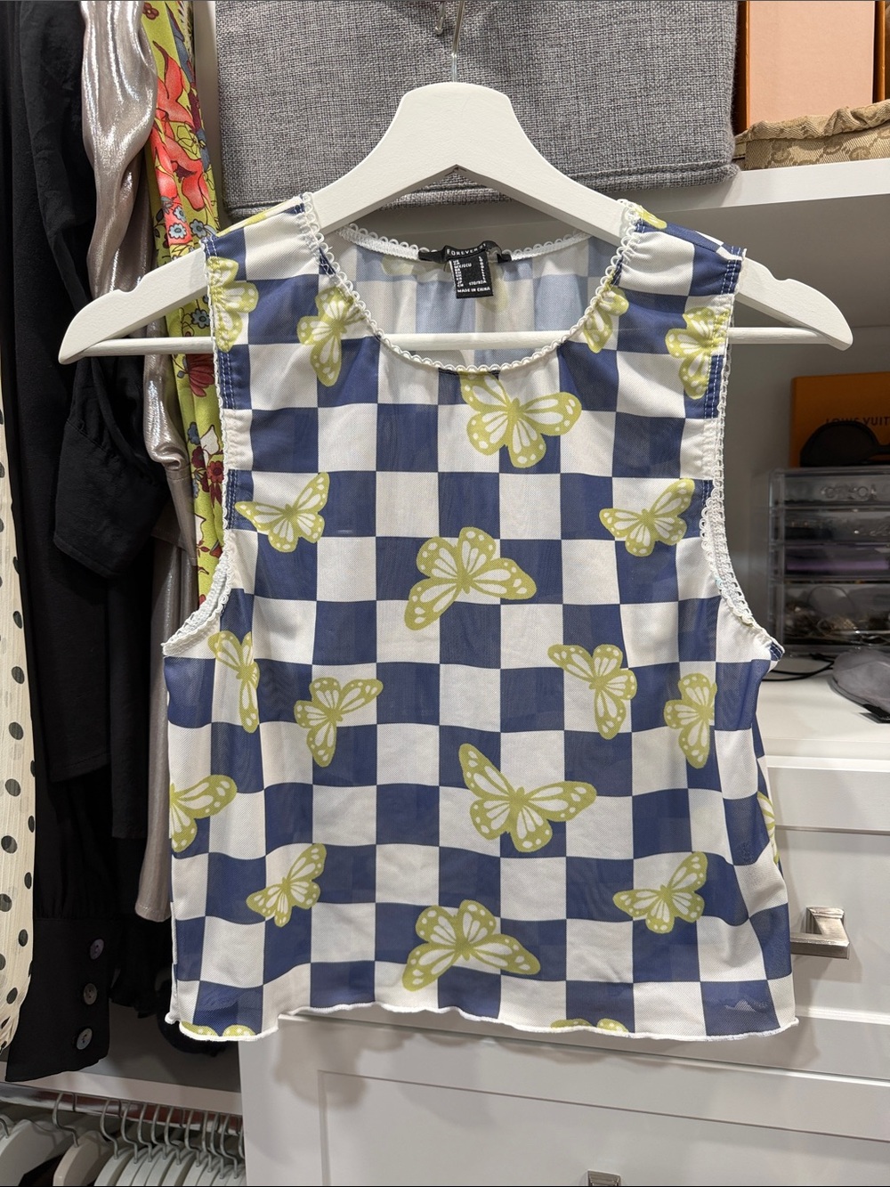 Forever 21 Blue & White Checkerboard Tank with Lime Butterfly Print